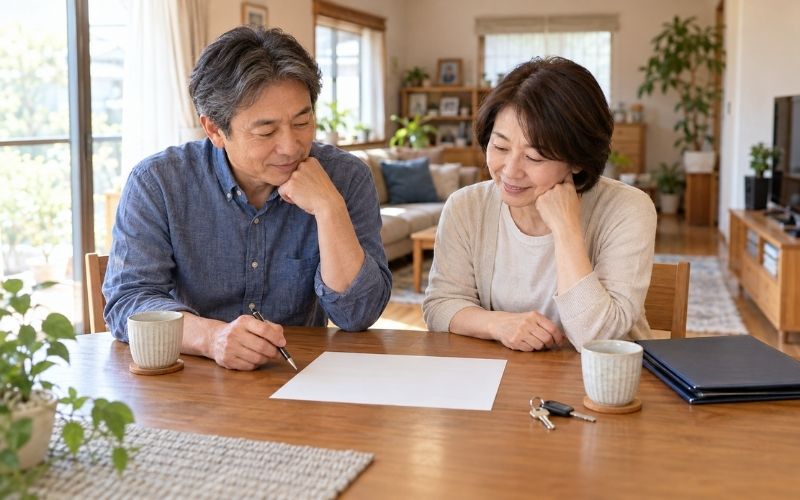 リースバックのメリットを確認する夫婦