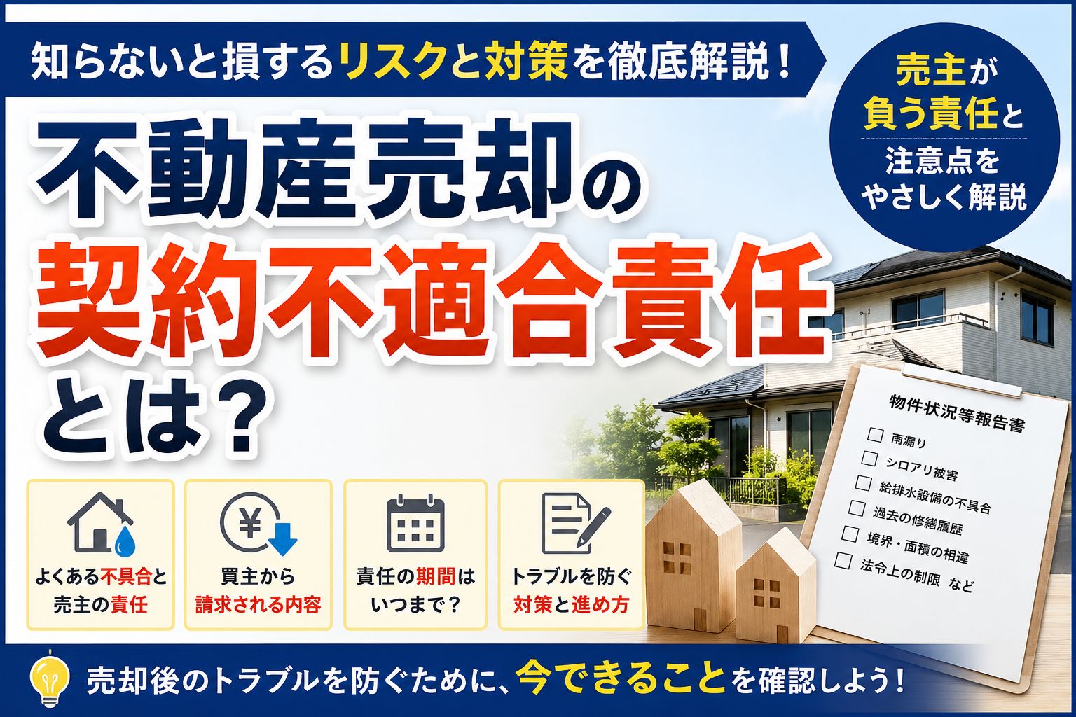 「不動産売却の契約不適合責任とは?売主が知っておきたい期間・免責・トラブル対策」の見出し画像